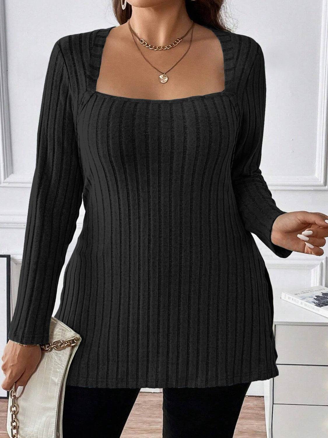 Plus Size Square Neck Long Sleeve Top - Hovatok
