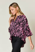 Double Take Full Size Printed Notched Three-Quarter Sleeve Blouse - Hovatok