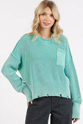 Mittoshop Distressed Hem Round Neck Dropped Shoulder Sweater - Hovatok