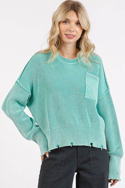 Mittoshop Distressed Hem Round Neck Dropped Shoulder Sweater - Hovatok