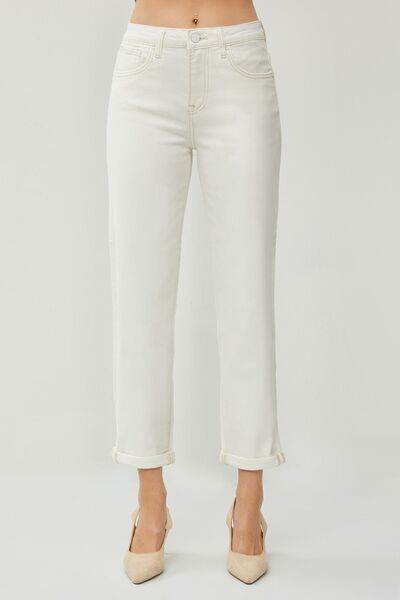 RISEN Full Size High Waist Rolled Hem Straight Jeans - Hovatok
