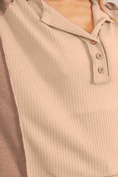 BiBi Half Button Exposed Seam Contrast Waffle Top - Hovatok