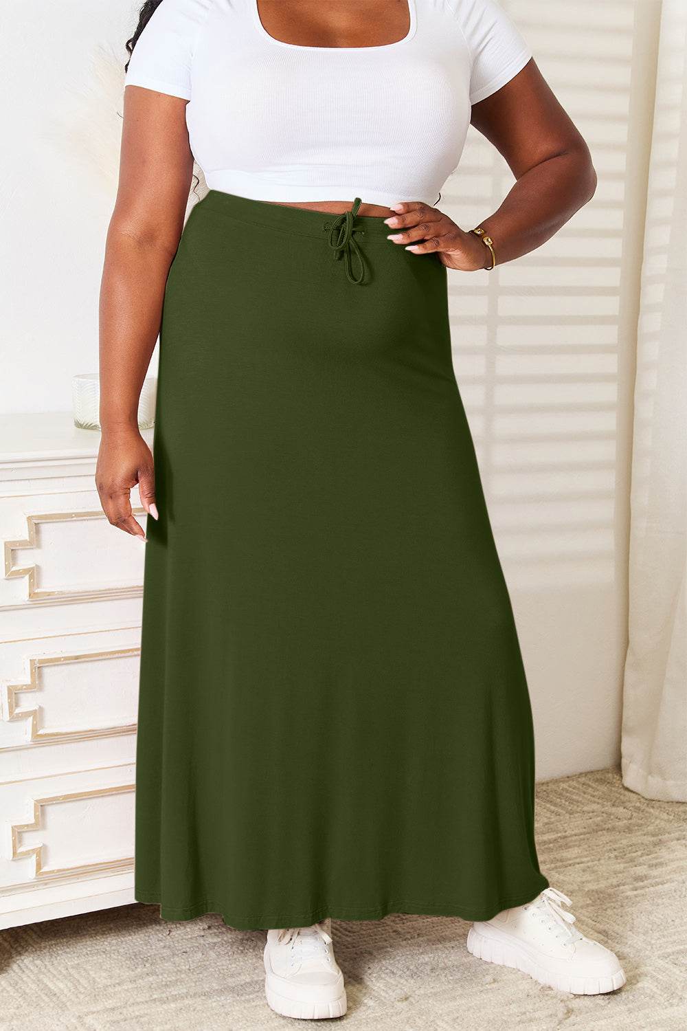 Double Take Full Size Soft Rayon Drawstring Waist Maxi Skirt - Hovatok