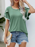 Pom-Pom Trim Flutter Sleeve Round Neck T-Shirt - Hovatok