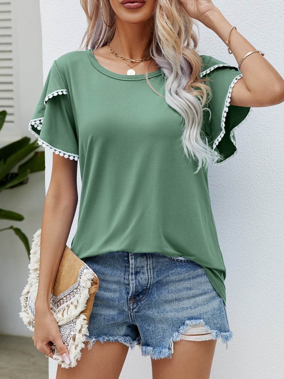 Pom-Pom Trim Flutter Sleeve Round Neck T-Shirt - Hovatok