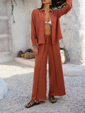 Devine Button Down Long Sleeve Top and Wide Leg Pants Set - Hovatok