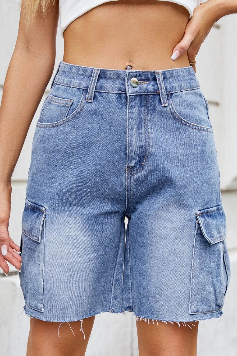 Raw Hem Washed Denim Shorts with Cargo Pockets - Hovatok