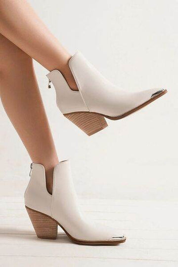 Beast Fashion Pointed Metal-Tip Toe Block Heel Ankle Boots - Hovatok