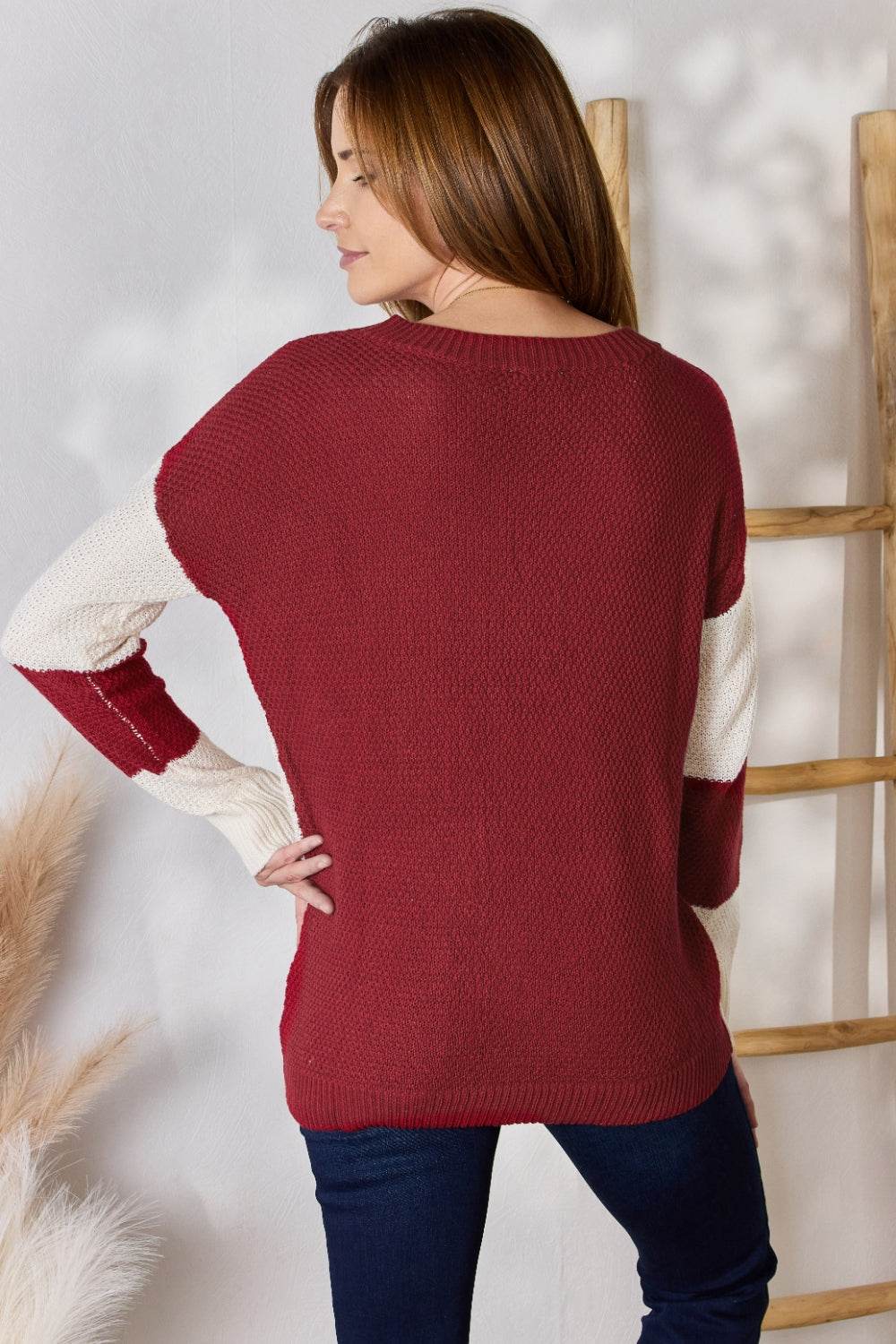 Hailey & Co Full Size Color Block Dropped Shoulder Knit Top - Hovatok