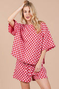 Ces Femme Checkered Round Neck Top and Shorts Set - Hovatok