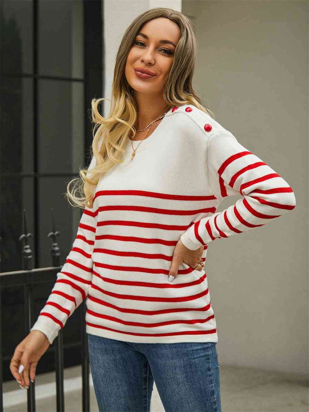 Angel Wings Round Neck Shoulder Button Striped Pullover Sweater - Hovatok
