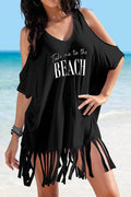 Fringe V-Neck Cold Shoulder Cover Up - Hovatok