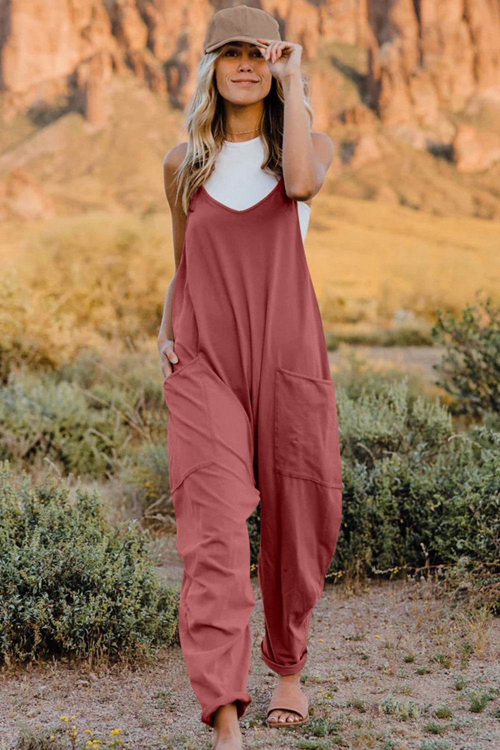 Double Take Full Size V-Neck Sleeveless Jumpsuit with Pockets - Hovatok