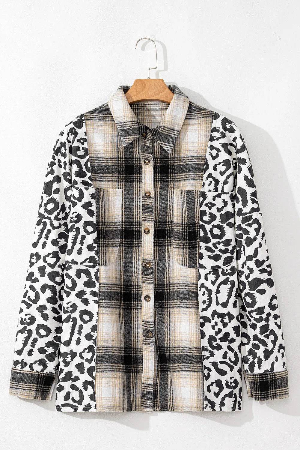 Plus Size Leopard Plaid Button Up Long Sleeve Shacket - Hovatok