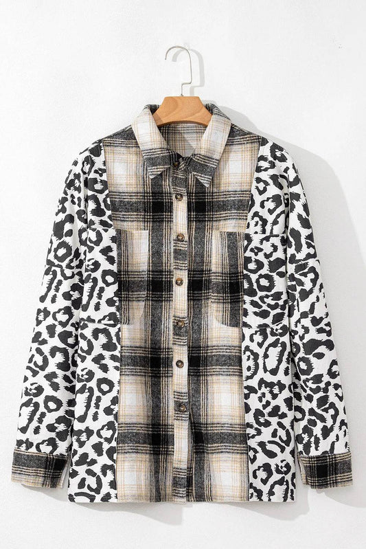 Plus Size Leopard Plaid Button Up Long Sleeve Shacket - Hovatok