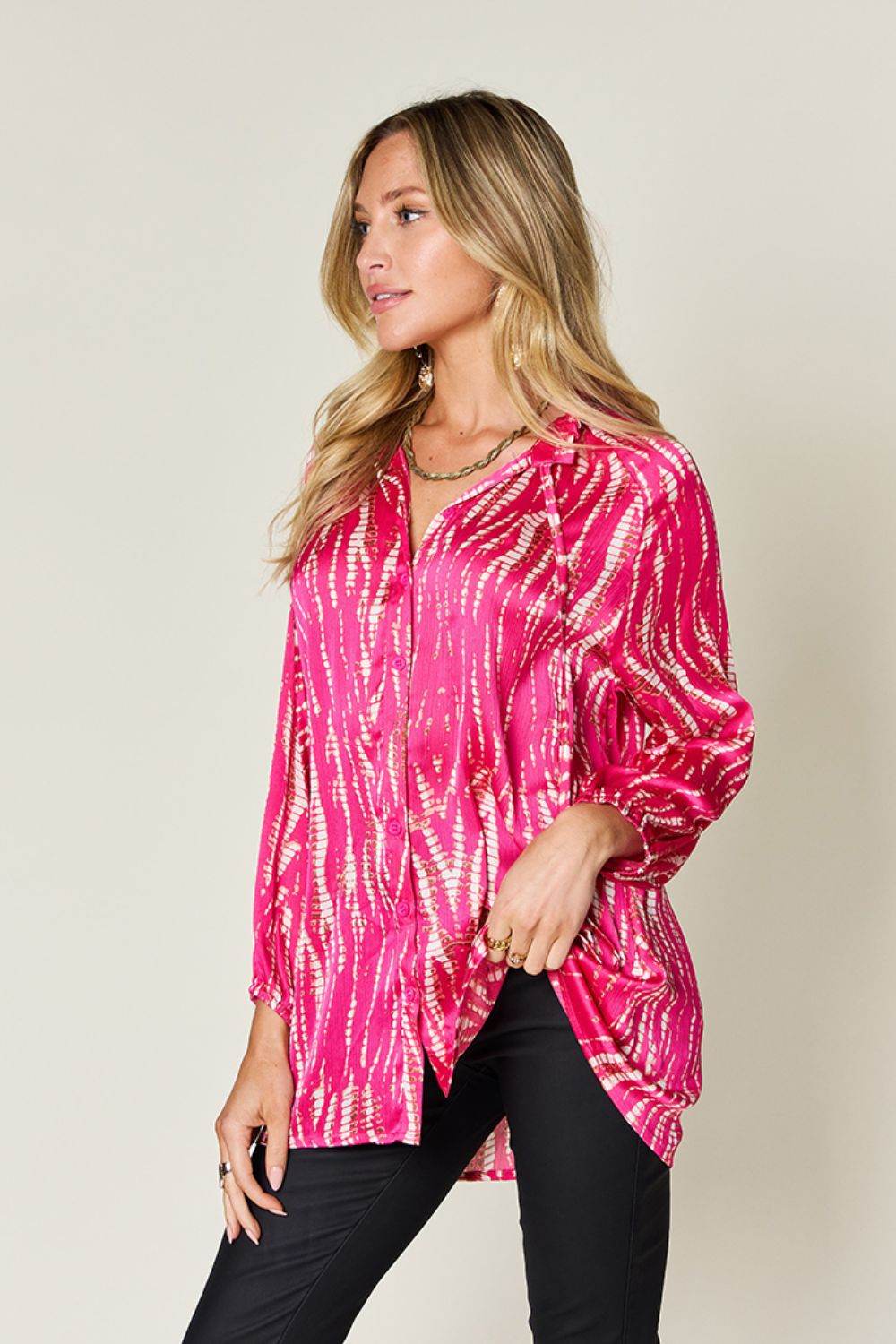 Double Take Full Size Printed Button Up Long Sleeve Shirt - Hovatok