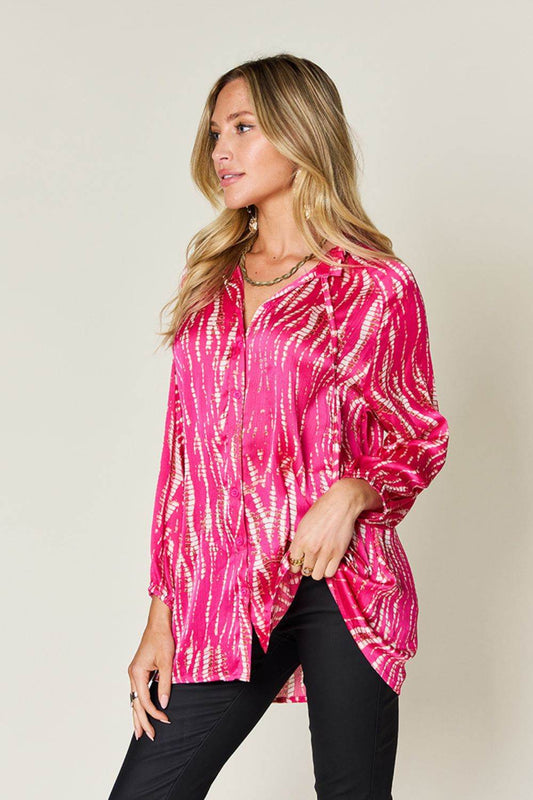 Double Take Full Size Printed Button Up Long Sleeve Shirt - Hovatok