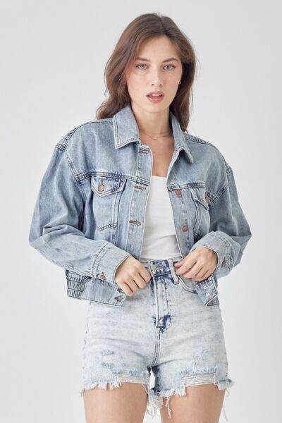 RISEN Full Size Button Down Cropped Denim Jacket - Hovatok