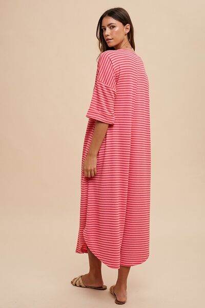 Annie Wear Striped Round Neck Terry Midi Dress - Hovatok