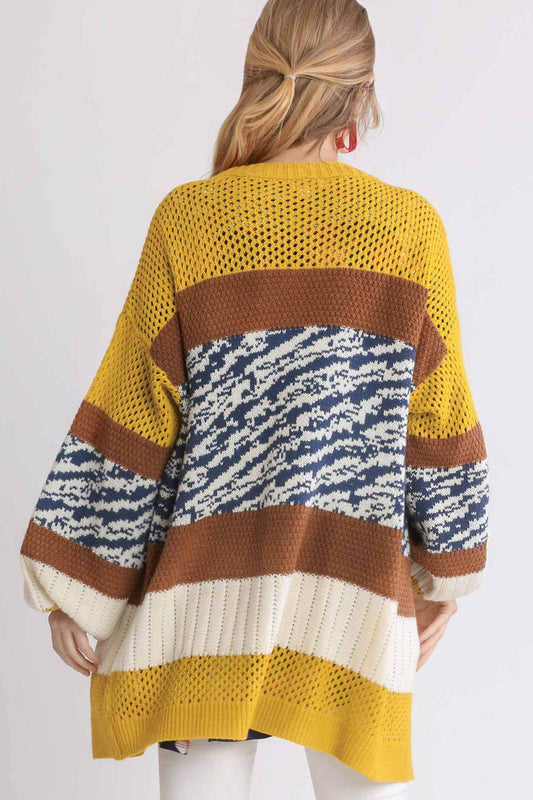 Umgee Full Size Color Block Open Front Longline Cardigan Plus Size - Hovatok