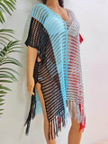 Fringe Color Block Scoop Neck Cover Up - Hovatok
