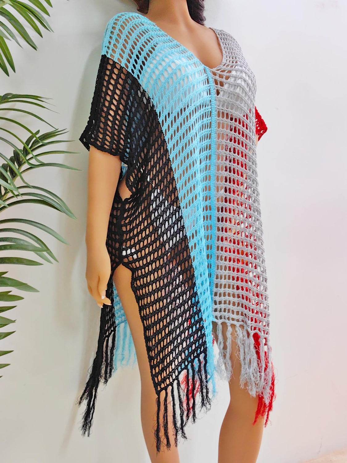 Fringe Color Block Scoop Neck Cover Up - Hovatok