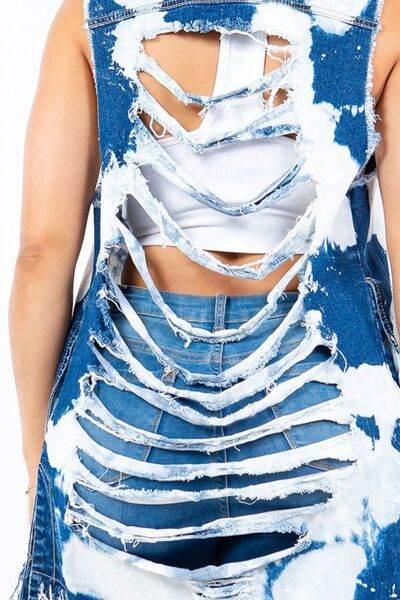 American Bazi Distressed Frayed Edge Longline Denim Vest - Hovatok