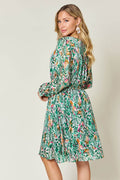 Double Take Full Size Printed Drawstring Waist Long Sleeve Dress - Hovatok