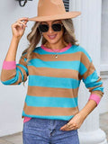 Angel Wings Striped Round Neck Dropped Shoulder Sweater - Hovatok