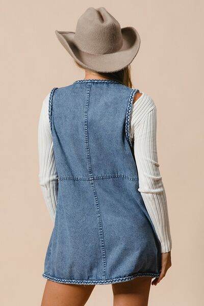 BiBi Braided Trim Open Front Denim Vest with Pockets - Hovatok