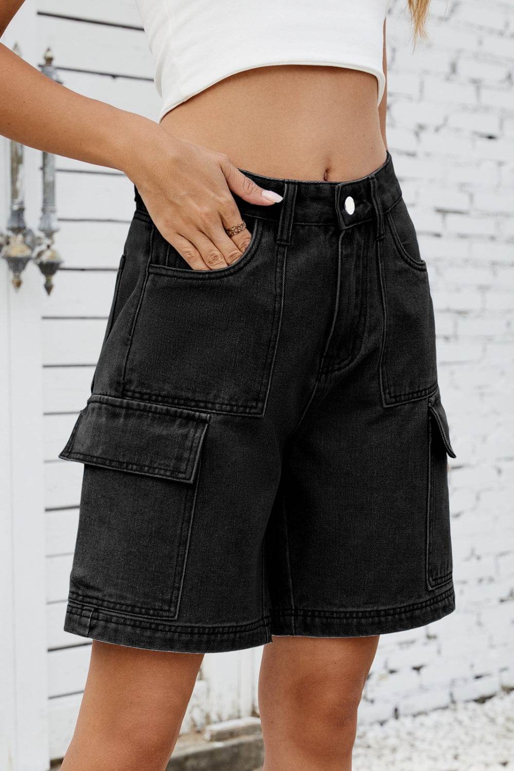 High Rise Denim Shorts with Cargo Pockets - Hovatok