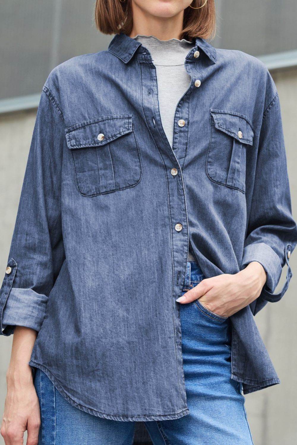 Pocketed Collared Neck Long Sleeve Denim Top - Hovatok