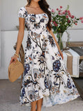 Devine Smocked Printed Short Sleeve Maxi Dress - Hovatok