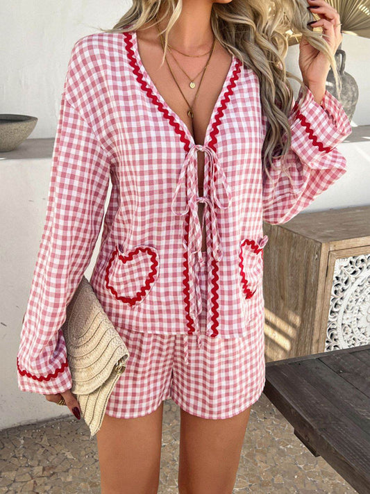 Devine Tie Front Contrast Plaid Shirt and Shorts Set - Hovatok