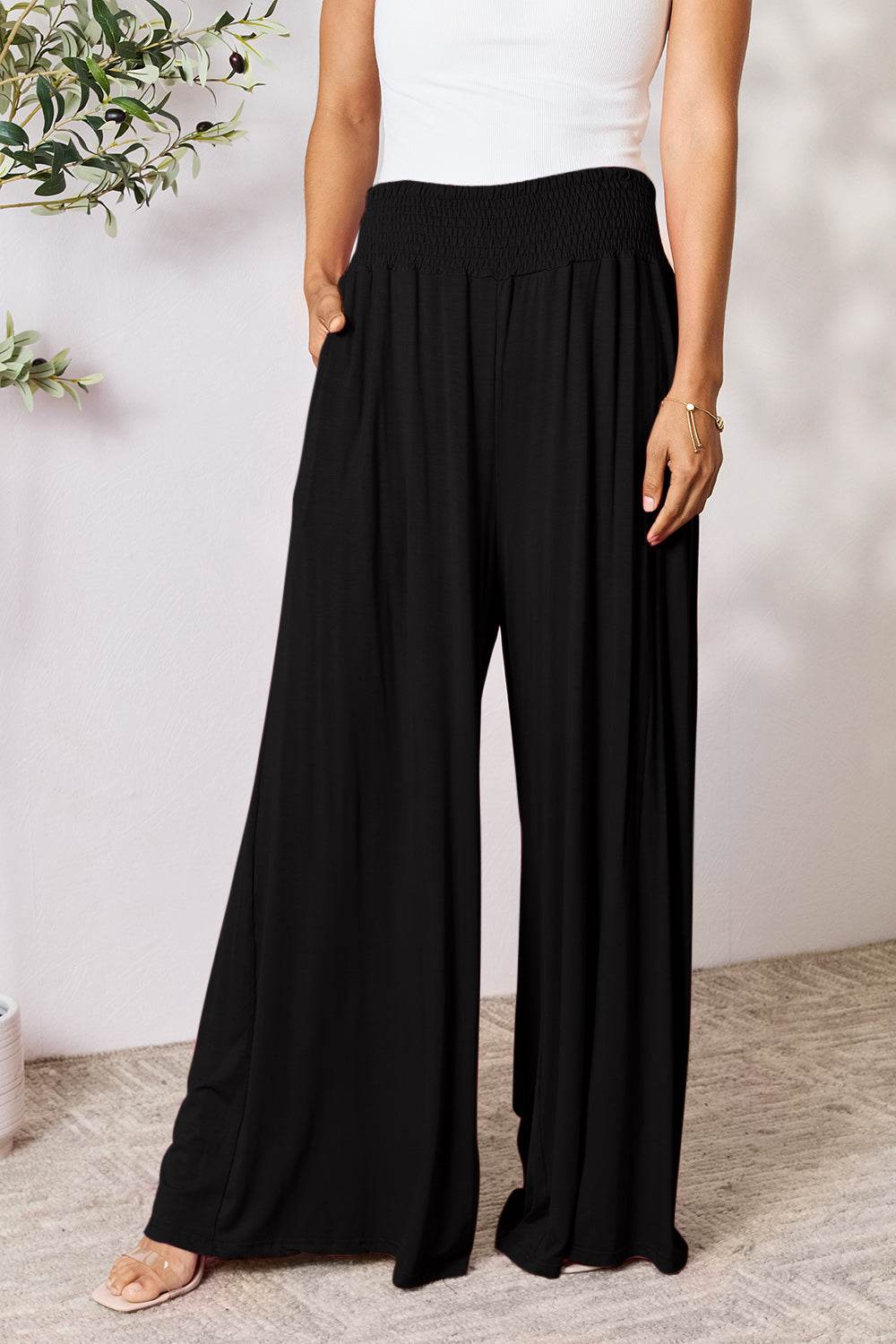 Basic Bae Full Size Smocked Wide Waistband Wide Leg Pants - Hovatok