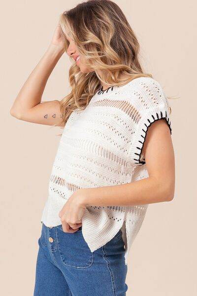 BiBi Stitch Edge Pointelle Side Slit Sweater Vest - Hovatok