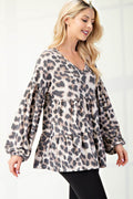 Celeste Full Size Leopard V-Neck Balloon Sleeve Blouse - Hovatok