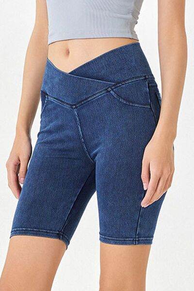Basic Bae Asymmetrical Waist Denim Shorts with Pockets - Hovatok