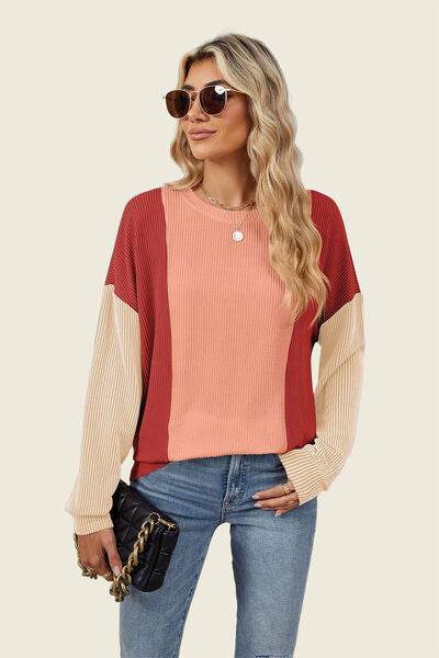 Double Take Texture Contrast Round Neck Long Sleeve T-Shirt - Hovatok