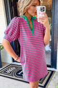 Oh Striped Johnny Collar Puff Sleeve Mini Tee Dress - Hovatok