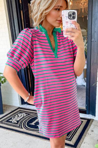 Oh Striped Johnny Collar Puff Sleeve Mini Tee Dress - Hovatok