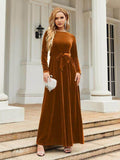 Tie Front Round Neck Long Sleeve Maxi Dress - Hovatok