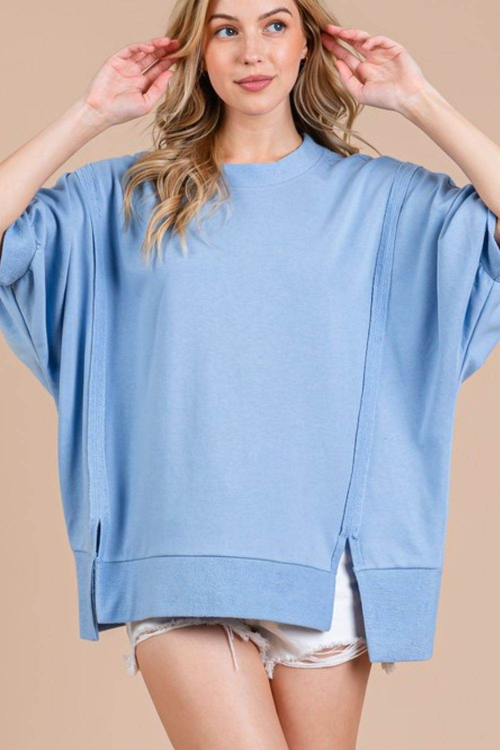 Ces Femme Side Slit Drop Shoulder Puff Sleeve Top - Hovatok
