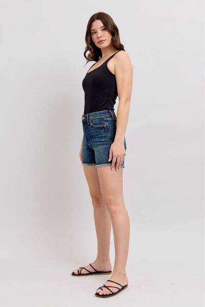 Judy Blue Tummy Control Fray Hem & Shield Back Pockets Denim Shorts - Hovatok