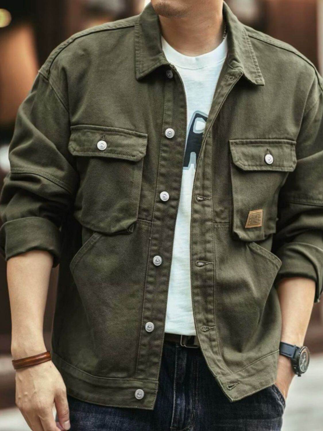 Men's Washed Collared Neck Cargo Jacket - Hovatok