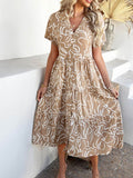 Devine Printed Johnny Collar Button Down Short Sleeve Midi Shirt Dress - Hovatok