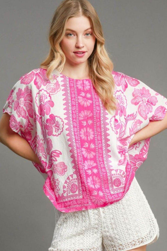 Umgee Full Size Floral Border Print Oversized Top Plus Size - Hovatok