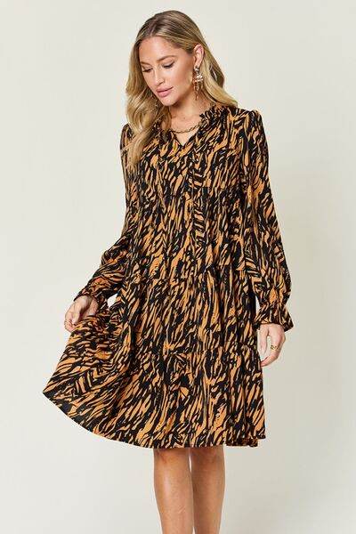 Double Take Full Size Printed Ruffle Hem Long Sleeve Dress - Hovatok