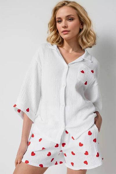 Basic Bae Heart Collared Neck Button Down Top and Shorts Set - Hovatok