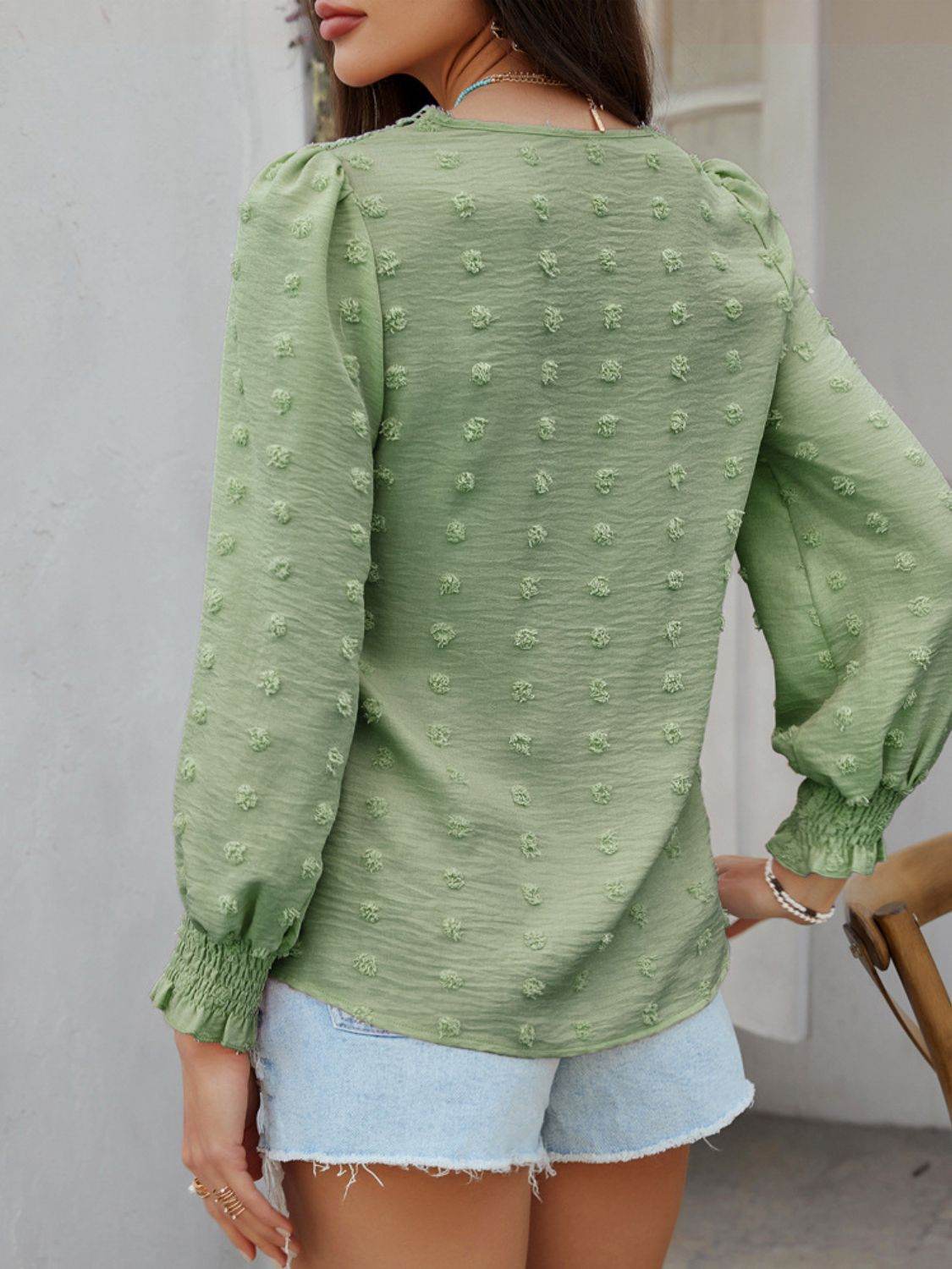 Devine Swiss Dot Lace Detail V-Neck Long Sleeve Blouse - Hovatok